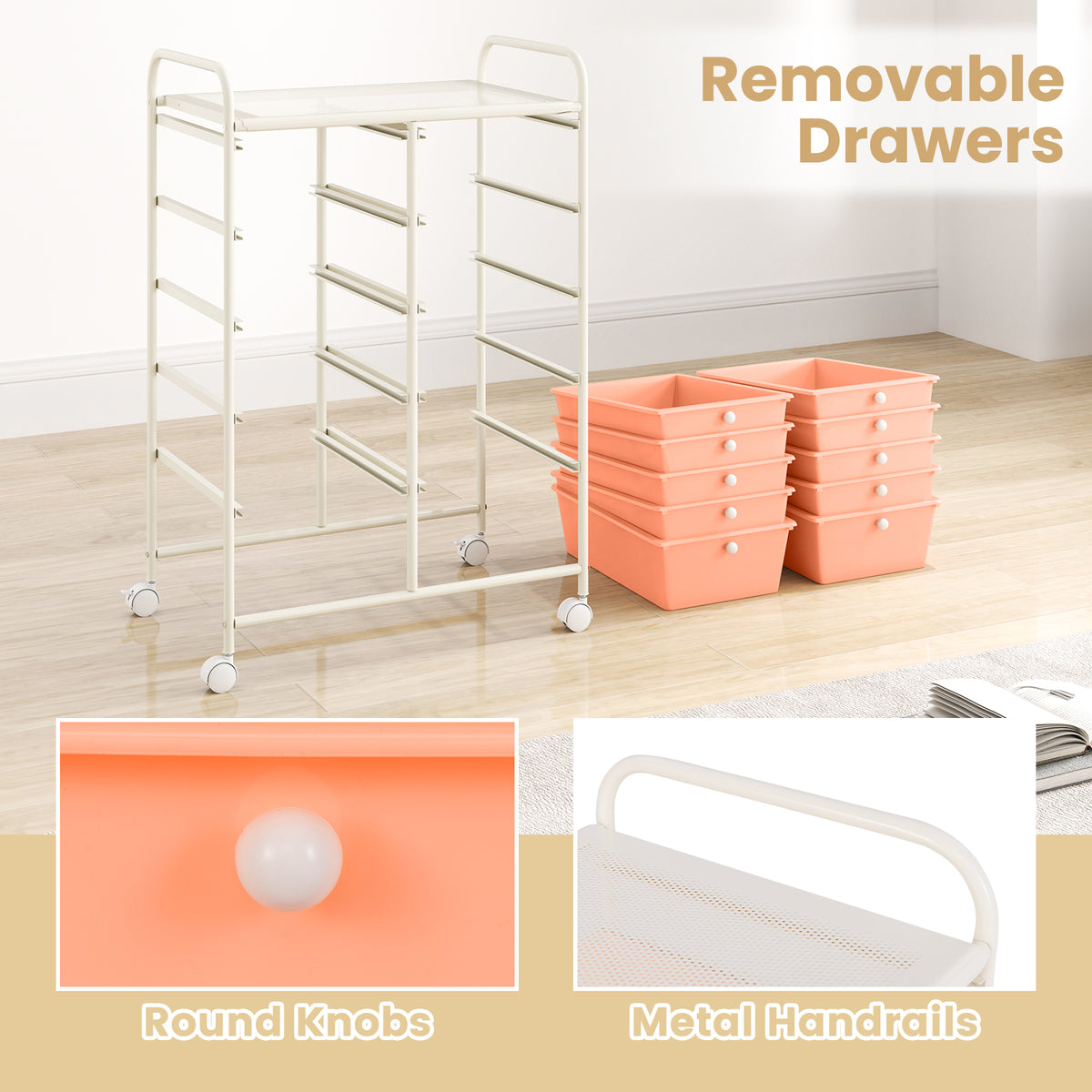 10-Drawer Rolling Storage Cart - Peach