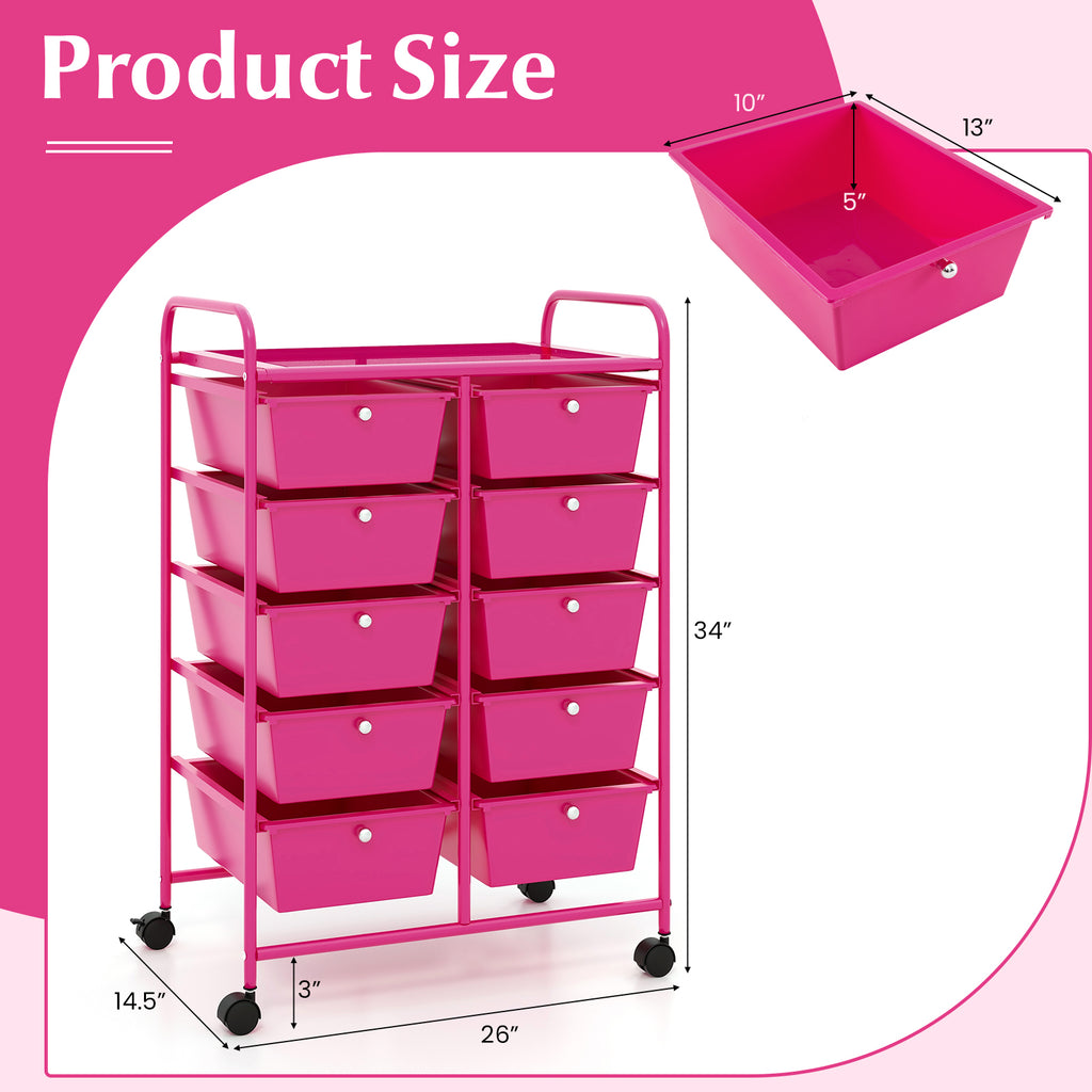 10-Drawer Rolling Storage Cart - Pink