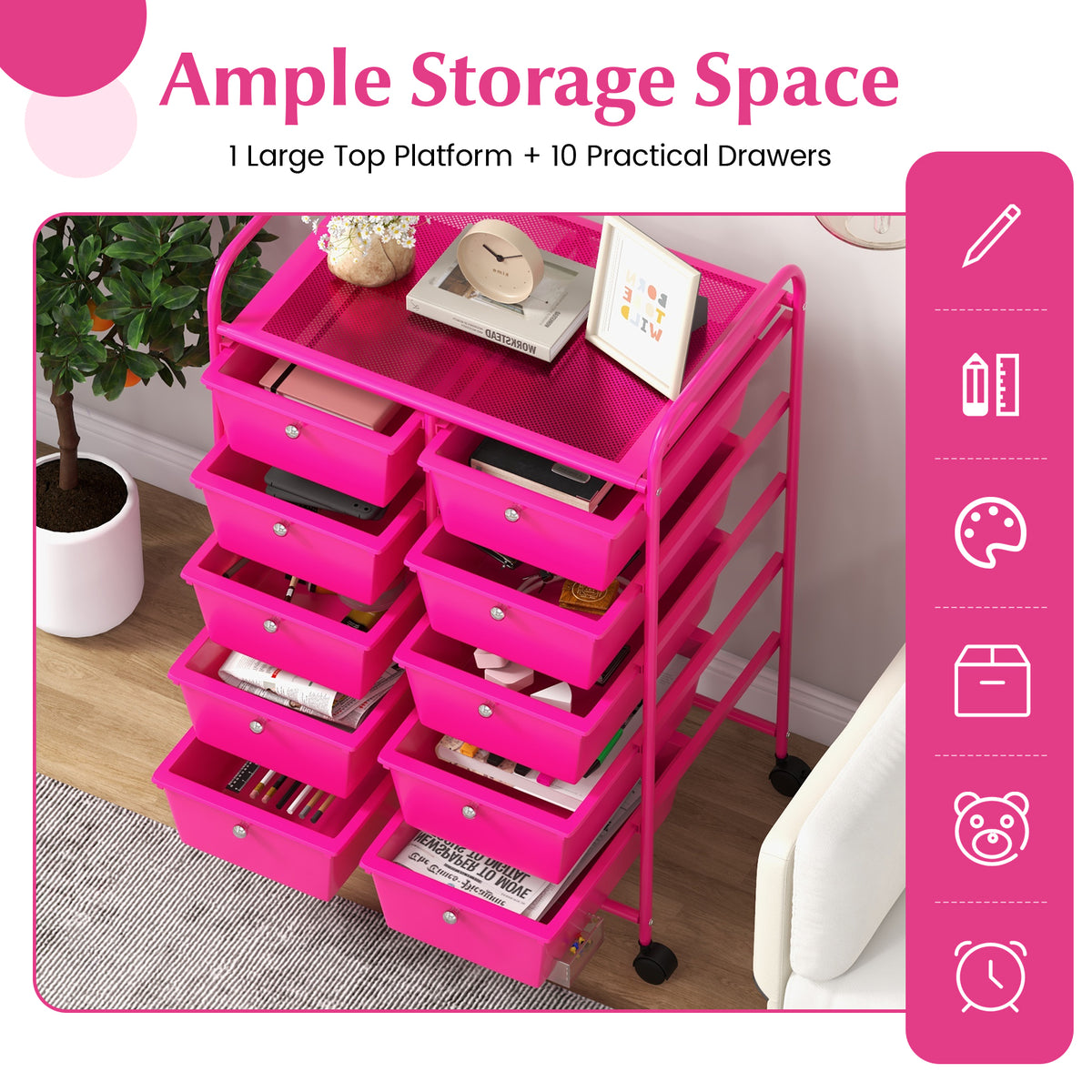 10-Drawer Rolling Storage Cart - Pink