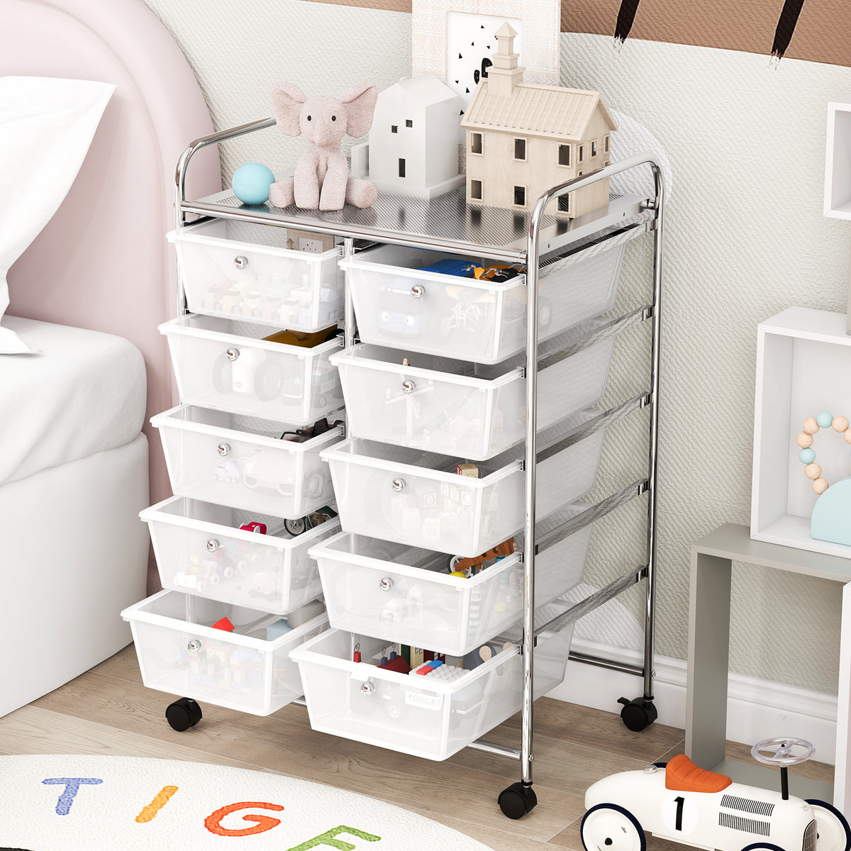 10-Drawer Rolling Storage Cart, Transparent