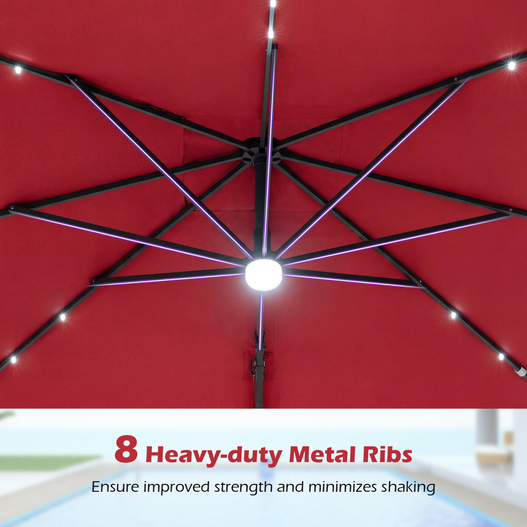 10 FT Cantilever Patio Umbrella with 32 Solar LED Lights and 220 LBS