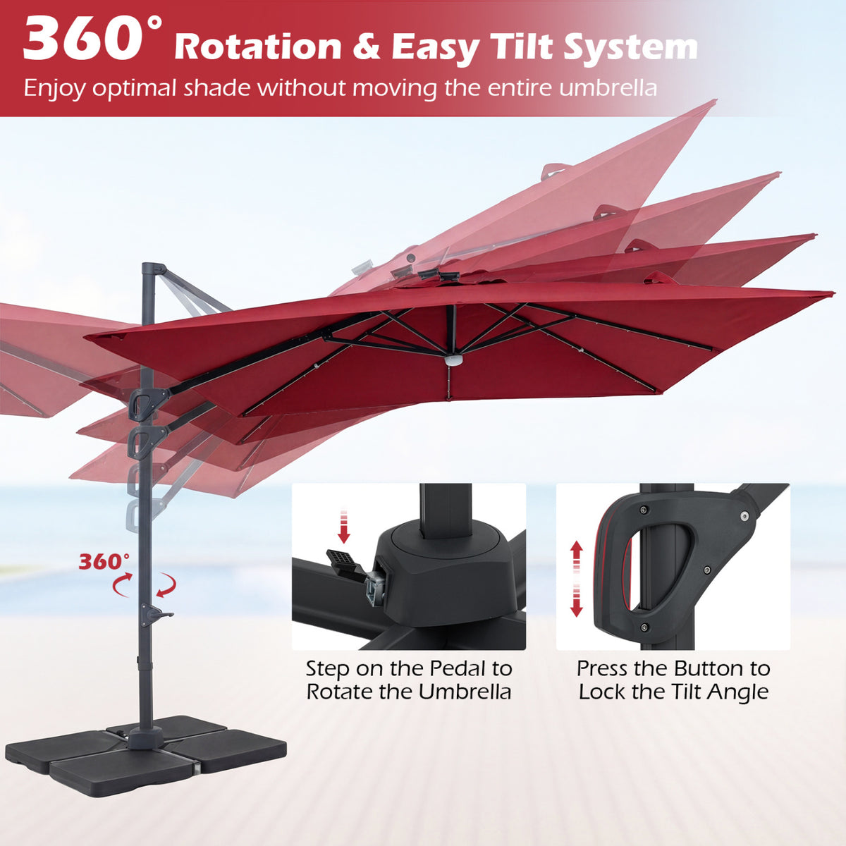 10 FT Cantilever Patio Umbrella with 32 Solar LED Lights and 220 LBS