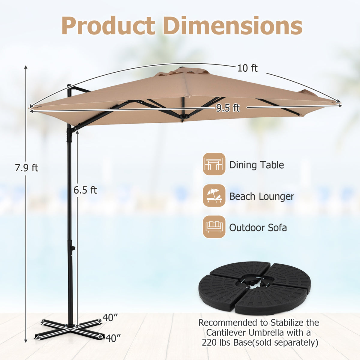 10 FT Cantilever Patio Umbrella with 360° Rotation for Garden