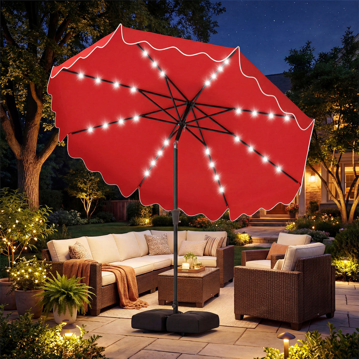 10 FT Solar LED Patio Umbrella with Weighted Base - Red