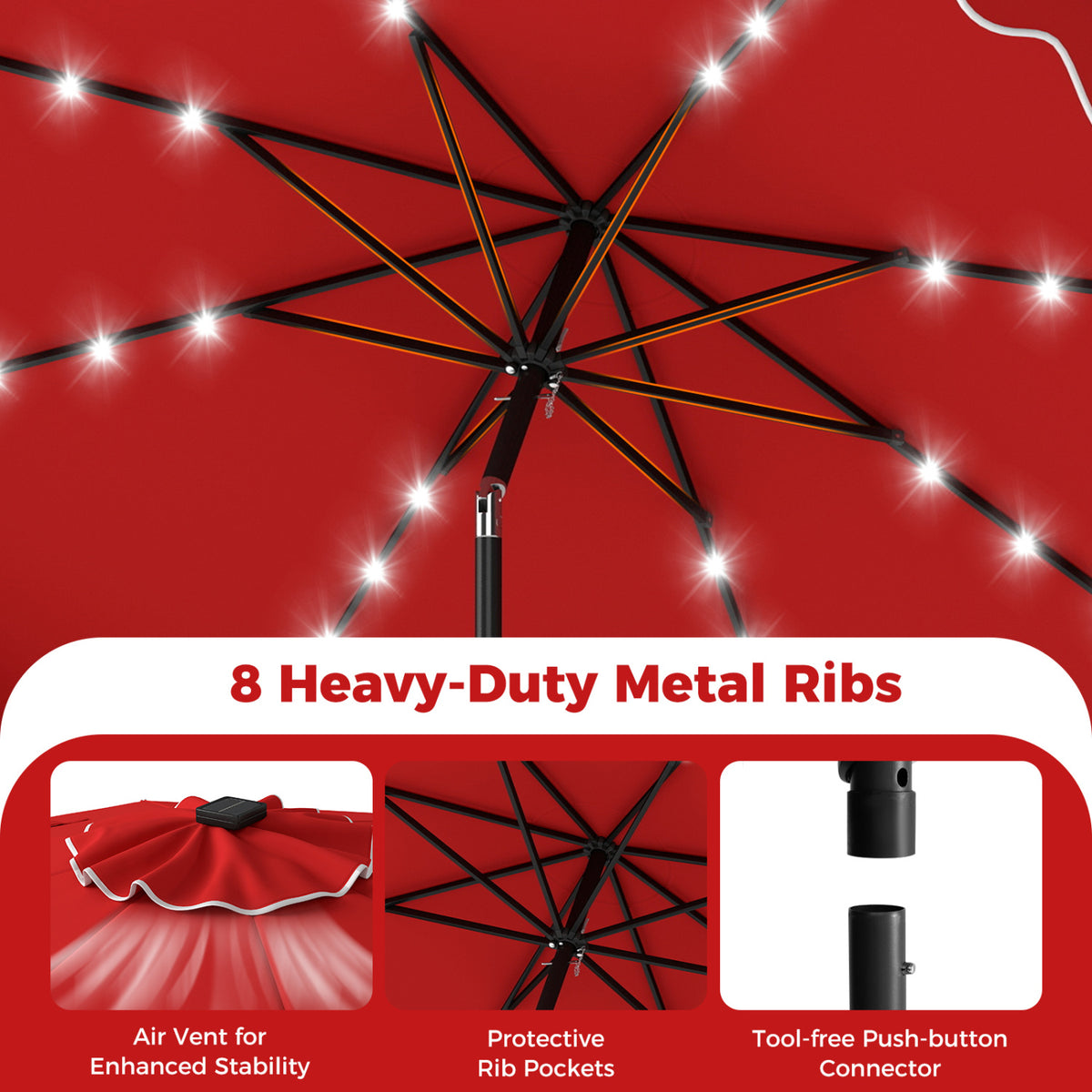 10 FT Outdoor Patio Umbrella with Solar LED Lights and Weighted Base