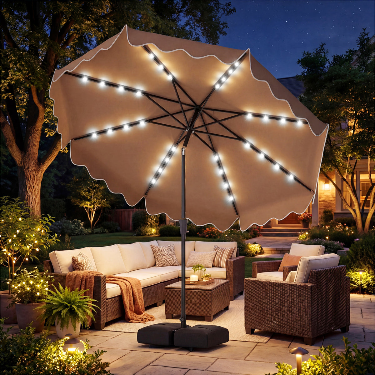 10 FT Solar LED Patio Umbrella with Base - Brown