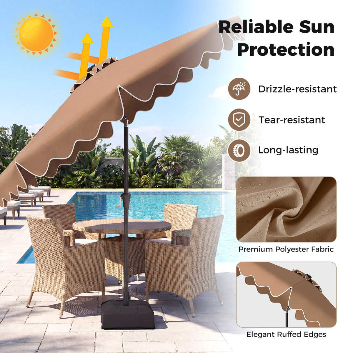 10 FT Solar LED Patio Umbrella with Base - Brown