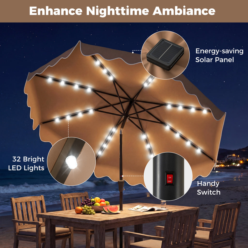 10 FT Solar LED Patio Umbrella with Base - Brown