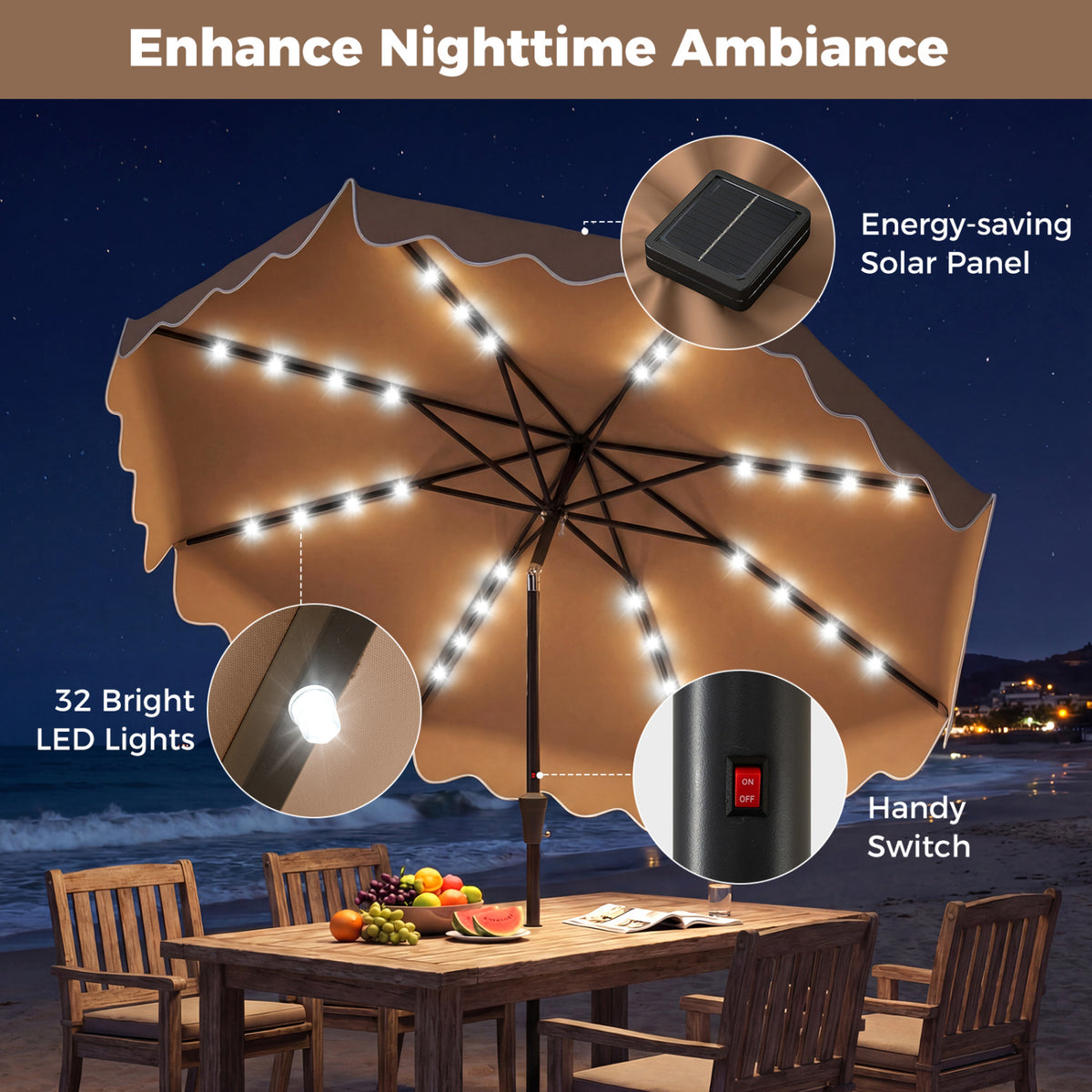 10 FT Solar LED Patio Umbrella with Base - Brown
