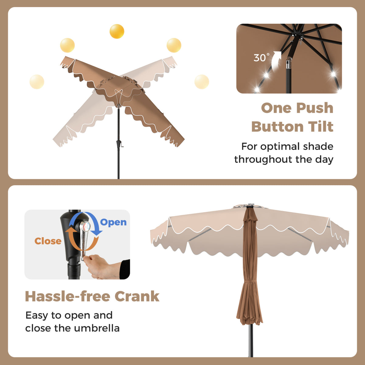 10 FT Solar LED Patio Umbrella with Base - Brown
