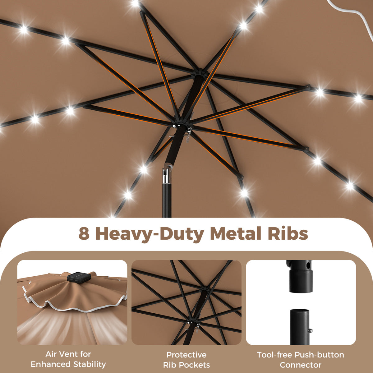 10 FT Solar LED Patio Umbrella with Base - Brown