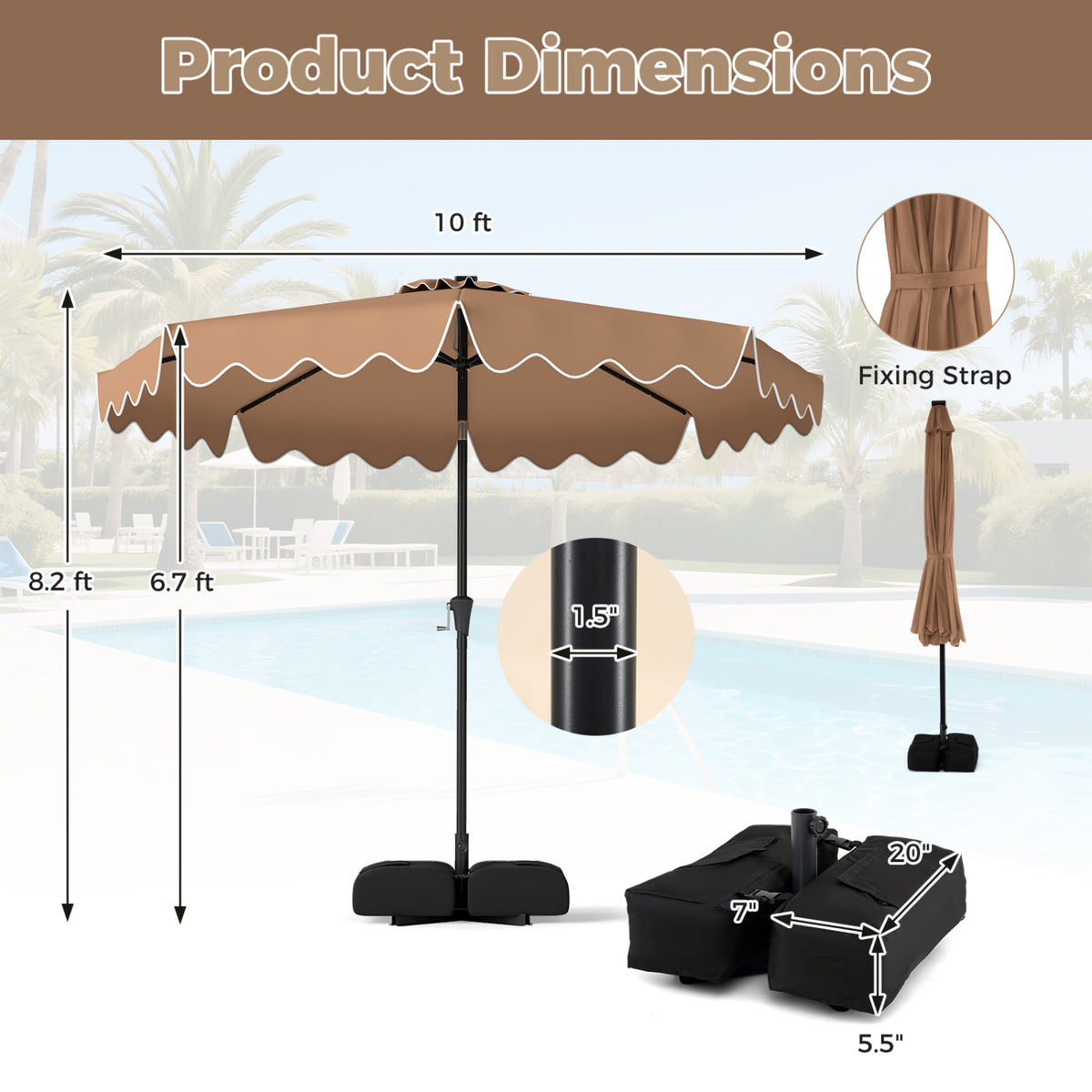 10 FT Solar LED Patio Umbrella with Base - Brown