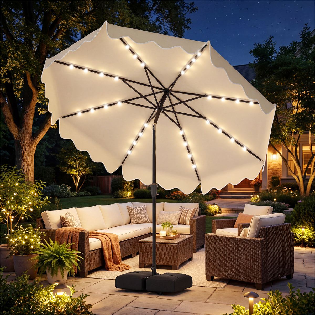 10 FT Solar LED Patio Umbrella with Base - Brown