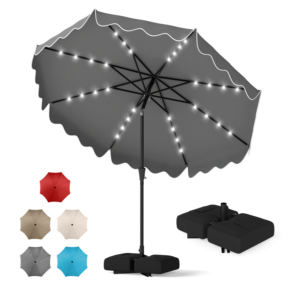 10 FT Solar LED Patio Umbrella with Weighted Base - Gray