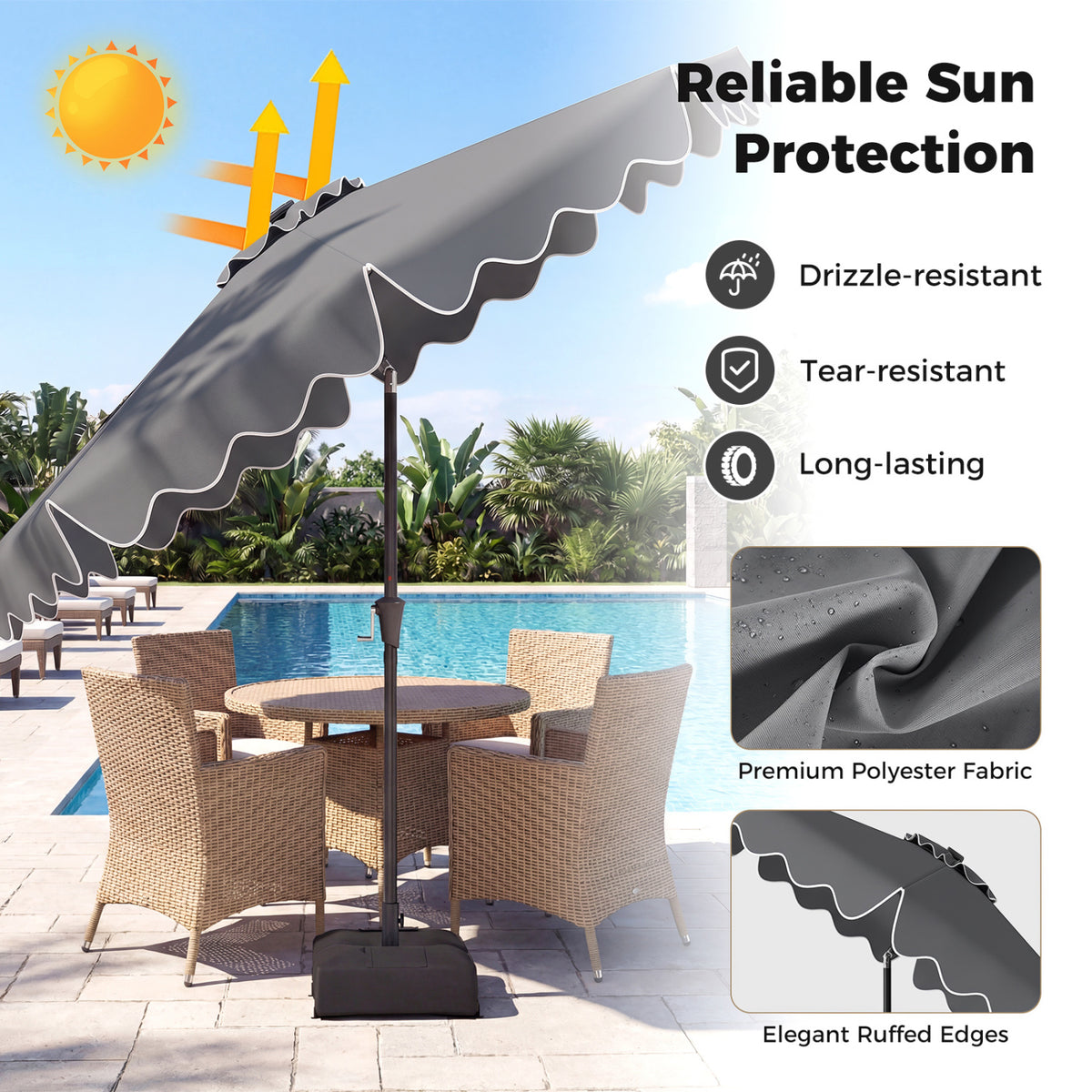 10 FT Solar LED Patio Umbrella with Weighted Base - Gray