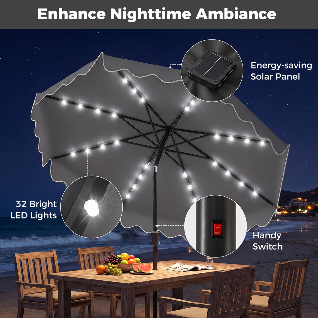 10 FT Solar LED Patio Umbrella with Weighted Base - Gray