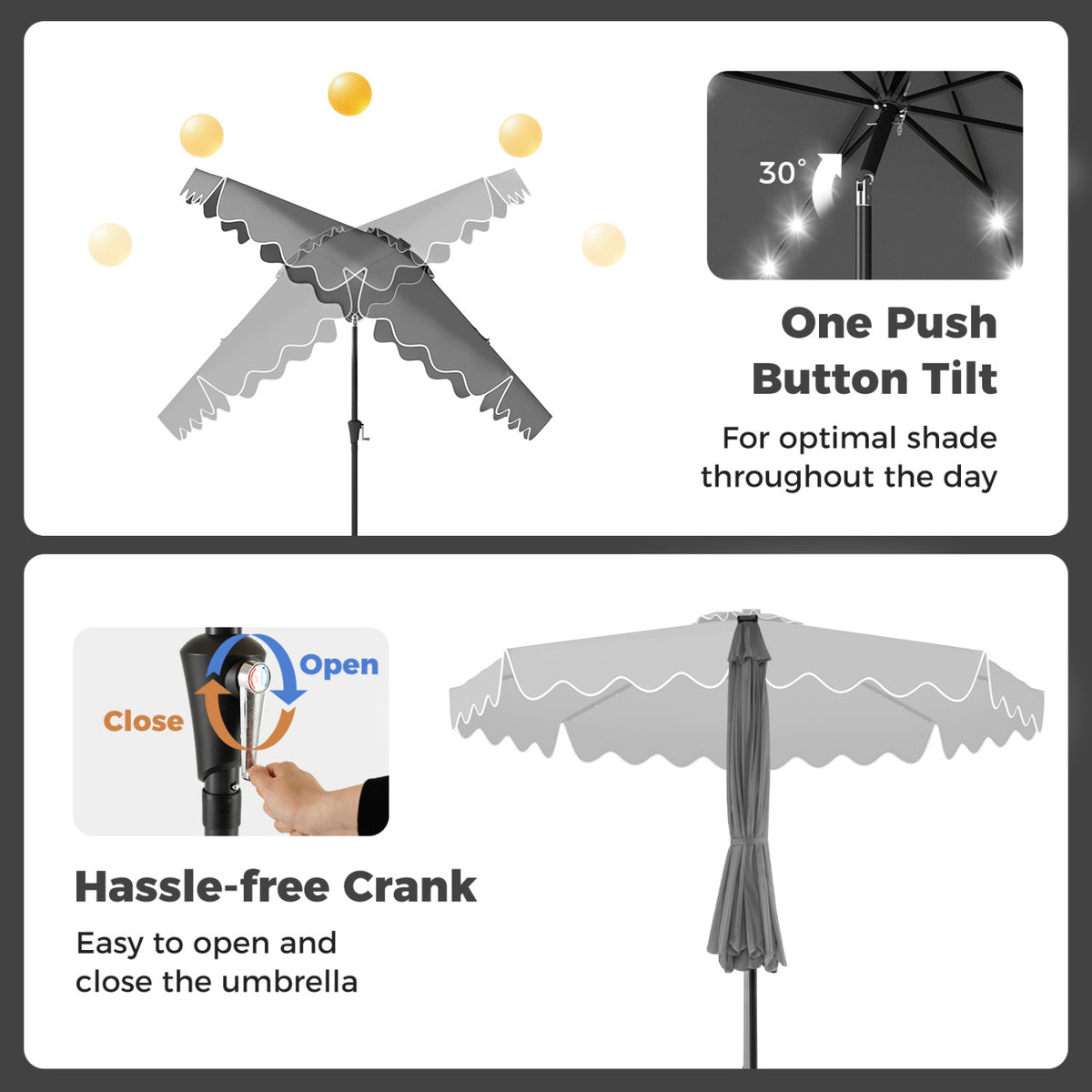10 FT Solar LED Patio Umbrella with Weighted Base - Gray