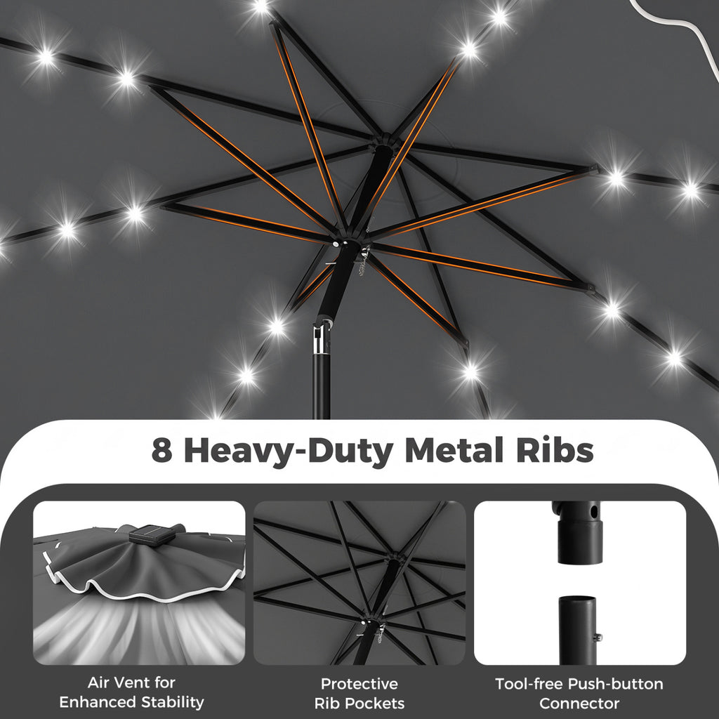 10 FT Solar LED Patio Umbrella with Weighted Base - Gray
