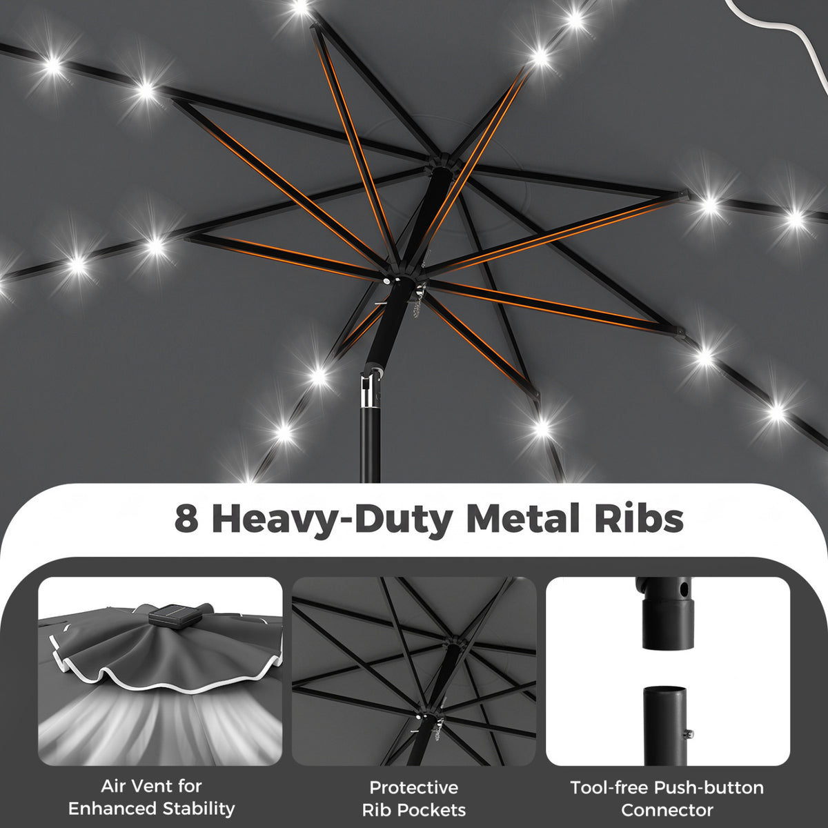 10 FT Solar LED Patio Umbrella with Weighted Base - Gray