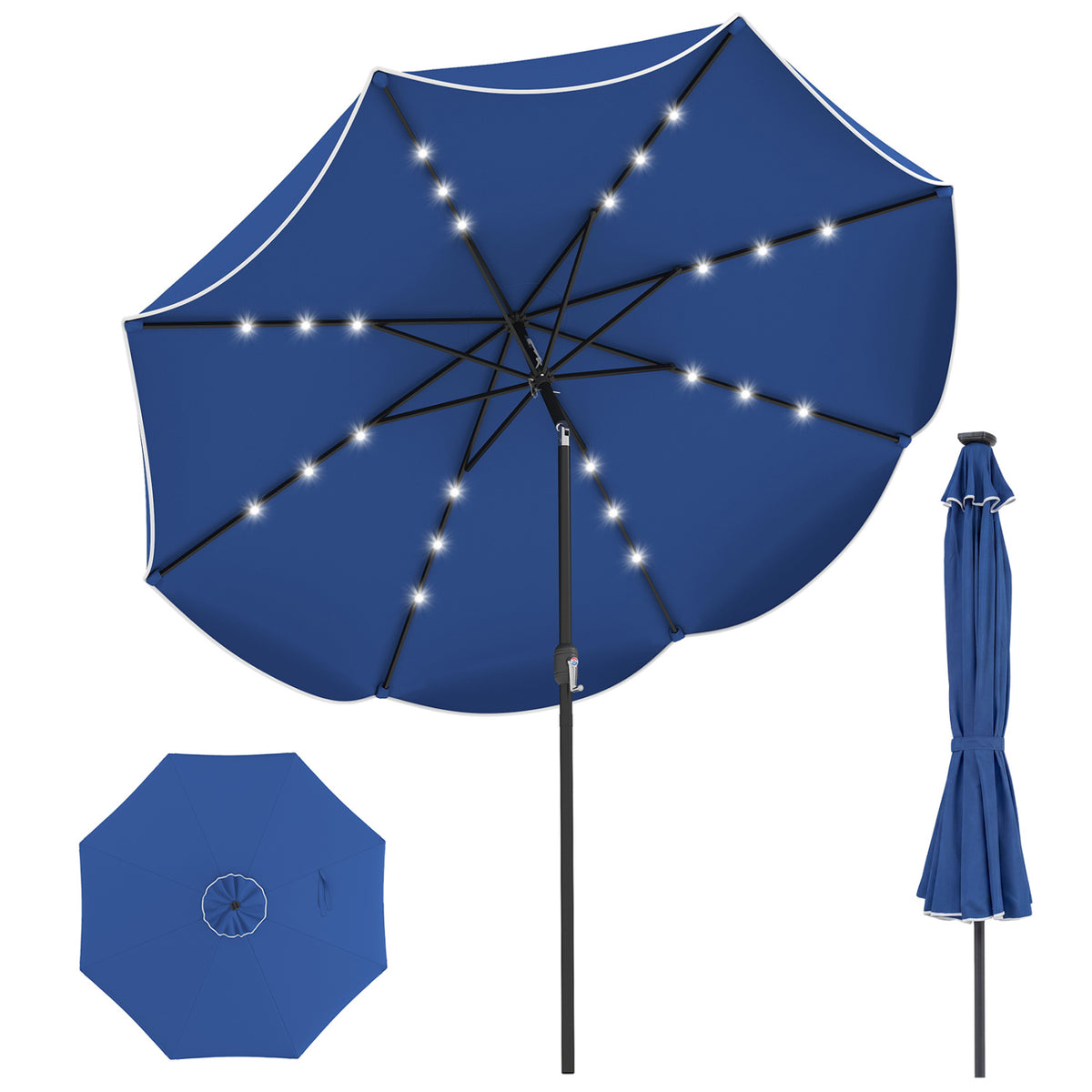 10 Feet Scalloped Solar Patio Umbrella with 24 LED Lights and Tilt