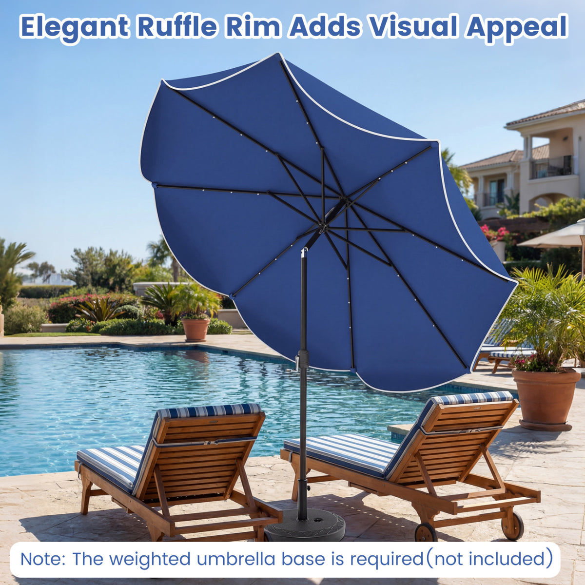 10 Feet Scalloped Solar Patio Umbrella with 24 LED Lights and Tilt