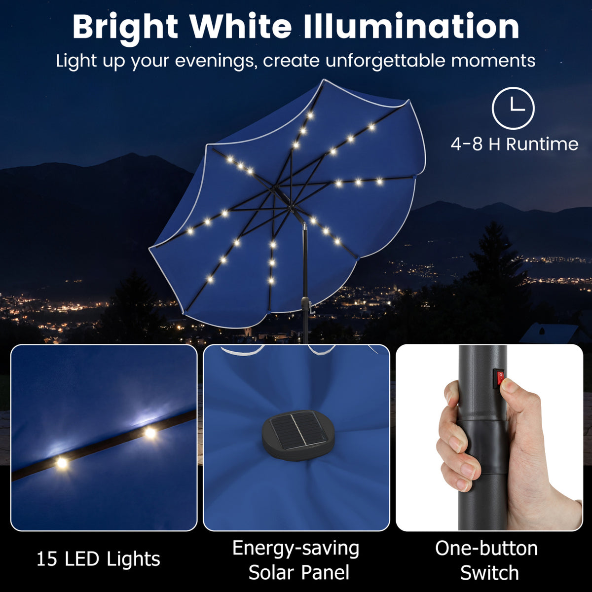 10 Feet Scalloped Solar Patio Umbrella with 24 LED Lights and Tilt