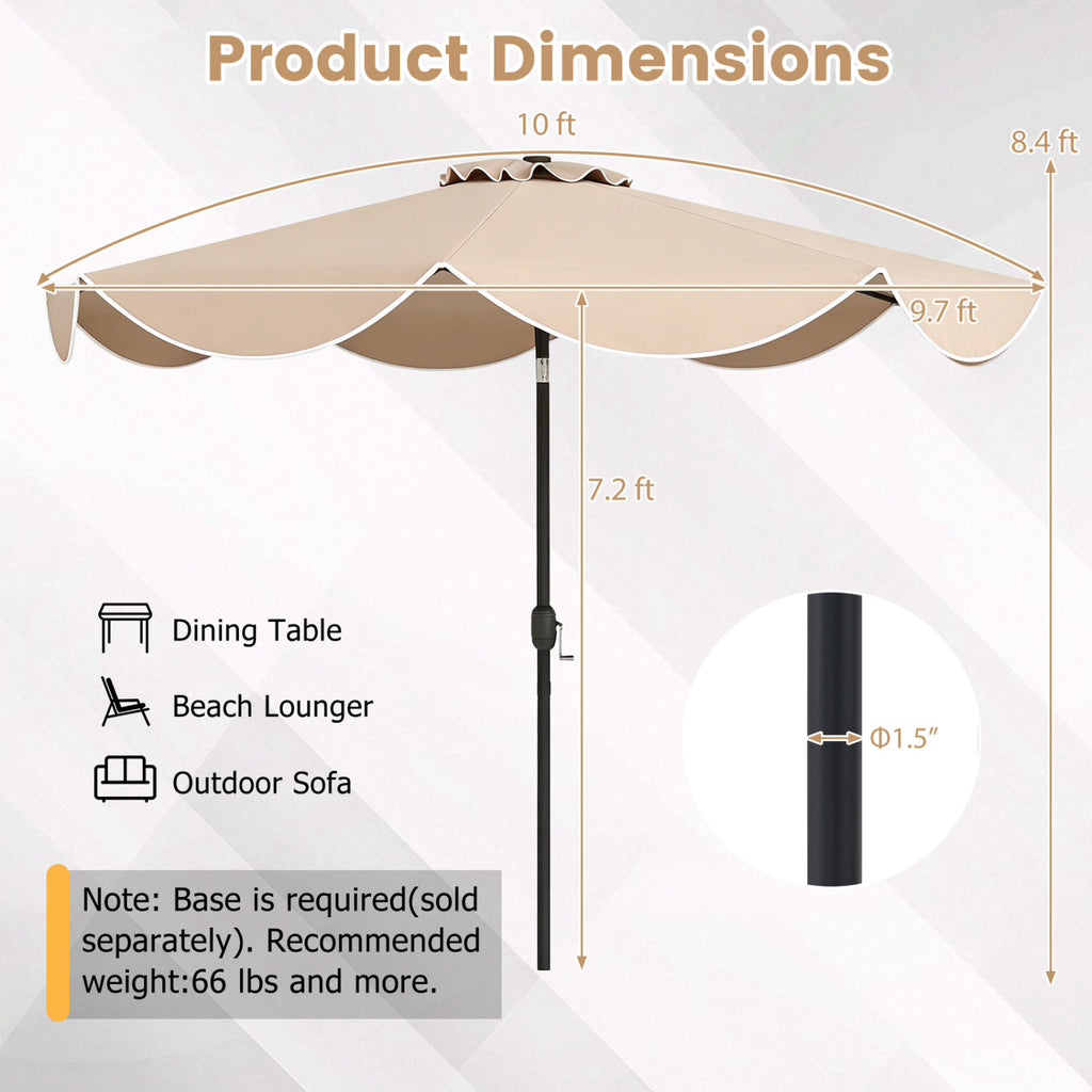 10 Feet Scalloped Solar Patio Umbrella with 24 LED Lights and Tilt