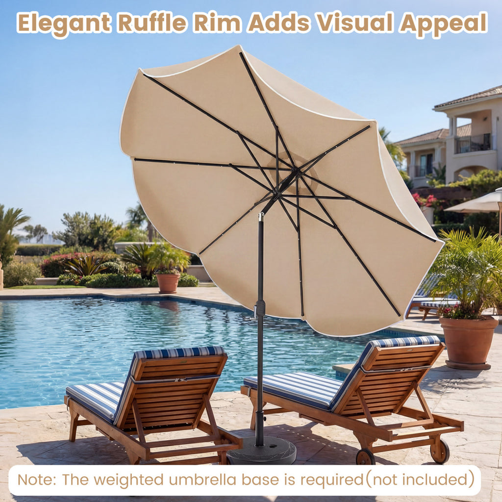 10 Feet Scalloped Solar Patio Umbrella with 24 LED Lights and Tilt