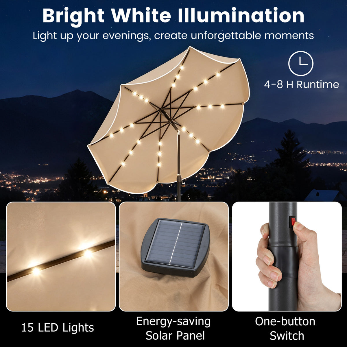 10 Feet Scalloped Solar Patio Umbrella with 24 LED Lights and Tilt