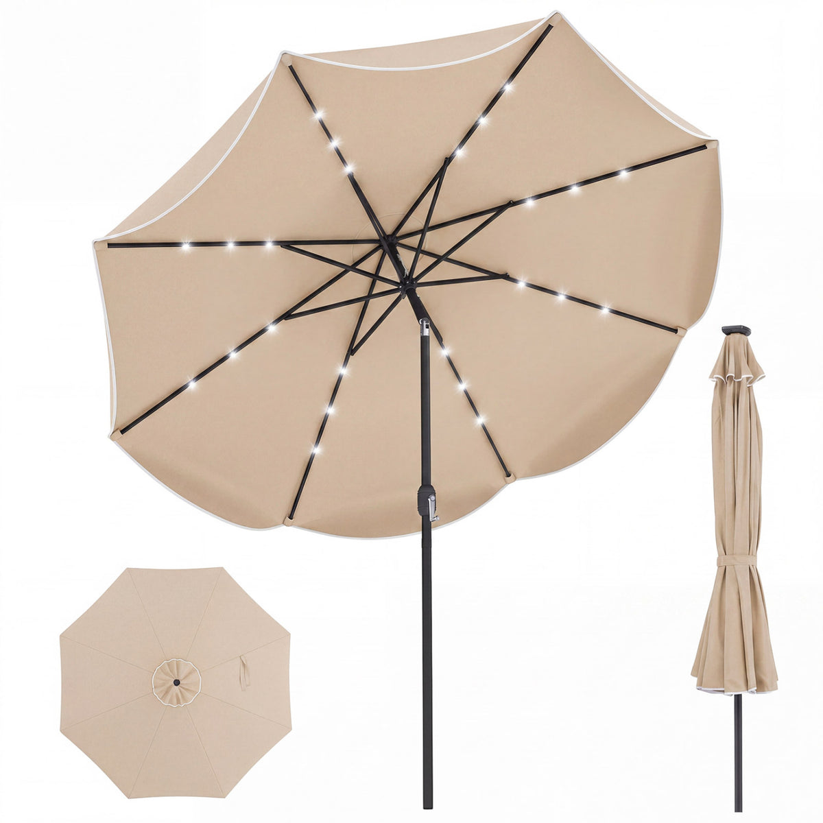 10 Feet Scalloped Solar Patio Umbrella with 24 LED Lights and Tilt