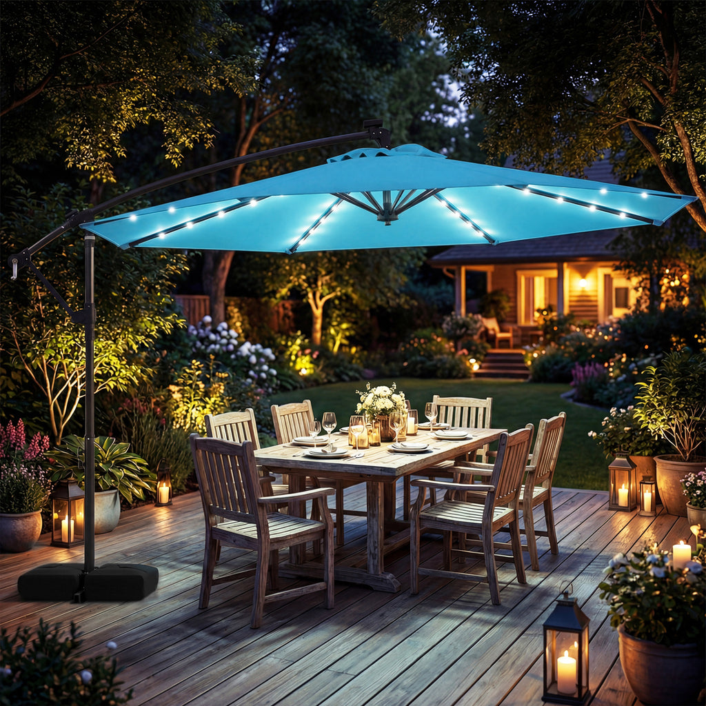 10 FT Solar LED Offset Cantilever Patio Umbrella - Turquoise