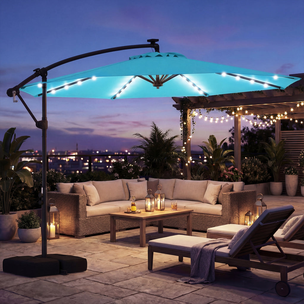 10 FT Solar LED Offset Cantilever Patio Umbrella - Turquoise