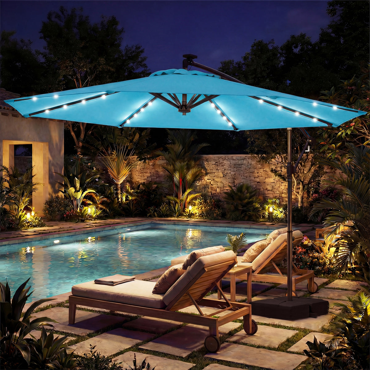 10 FT Solar LED Offset Cantilever Patio Umbrella - Turquoise