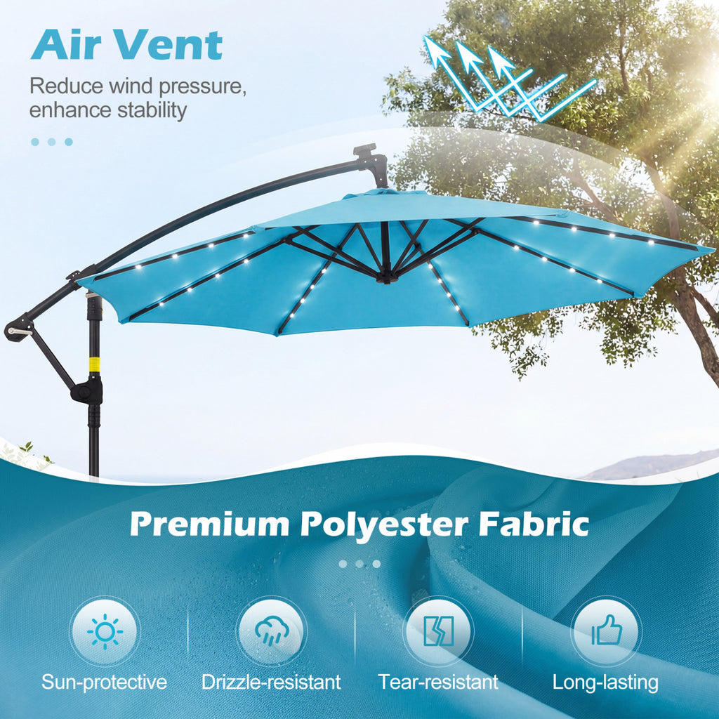 10 FT Solar LED Offset Cantilever Patio Umbrella - Turquoise