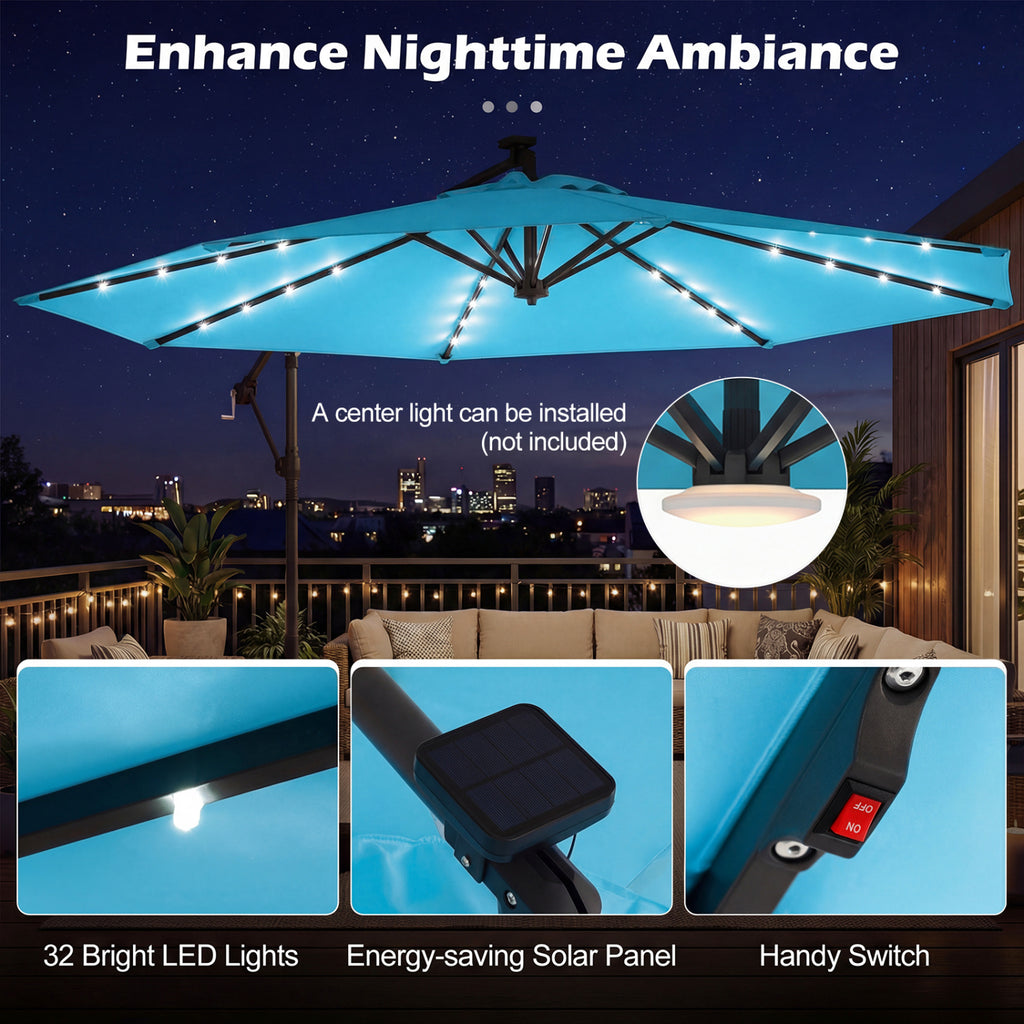 10 FT Solar LED Offset Cantilever Patio Umbrella - Turquoise