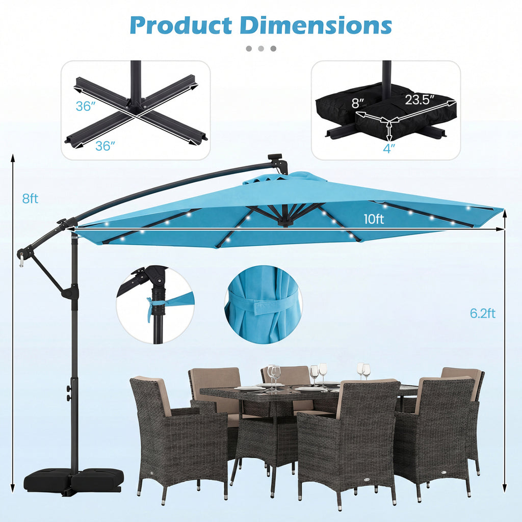 10 FT Solar LED Offset Cantilever Patio Umbrella - Turquoise