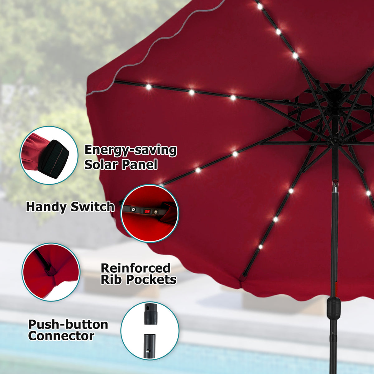 10 FT Solar LED Patio Umbrella for Deck and Pool