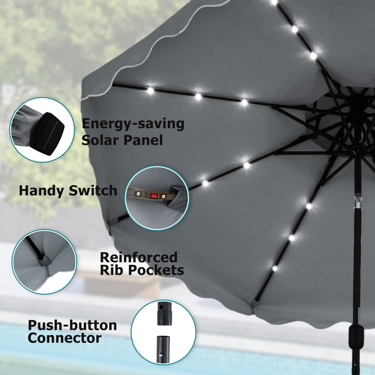 10 FT Solar LED Patio Umbrella for Deck and Pool