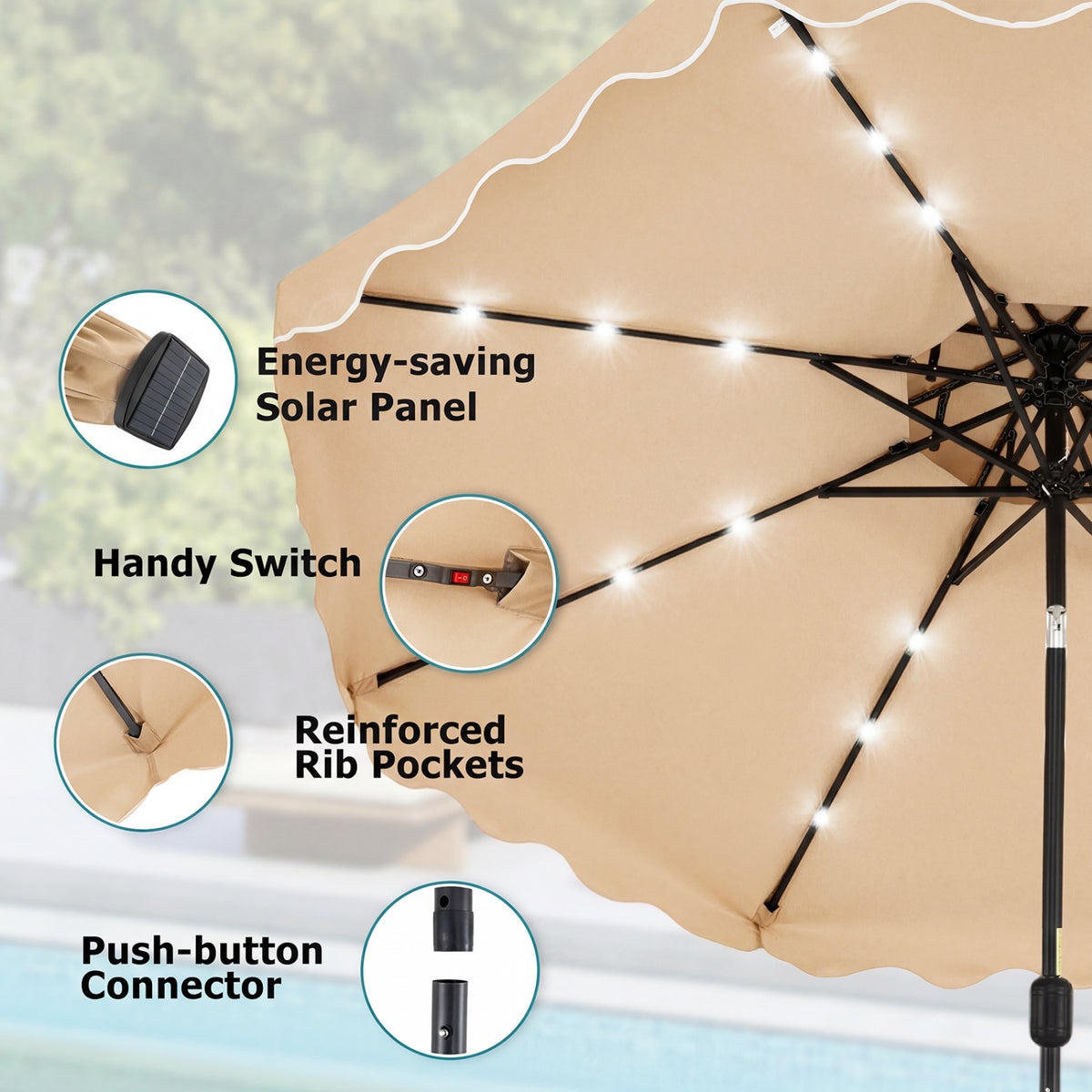 10 FT Solar LED Patio Umbrella for Deck and Pool