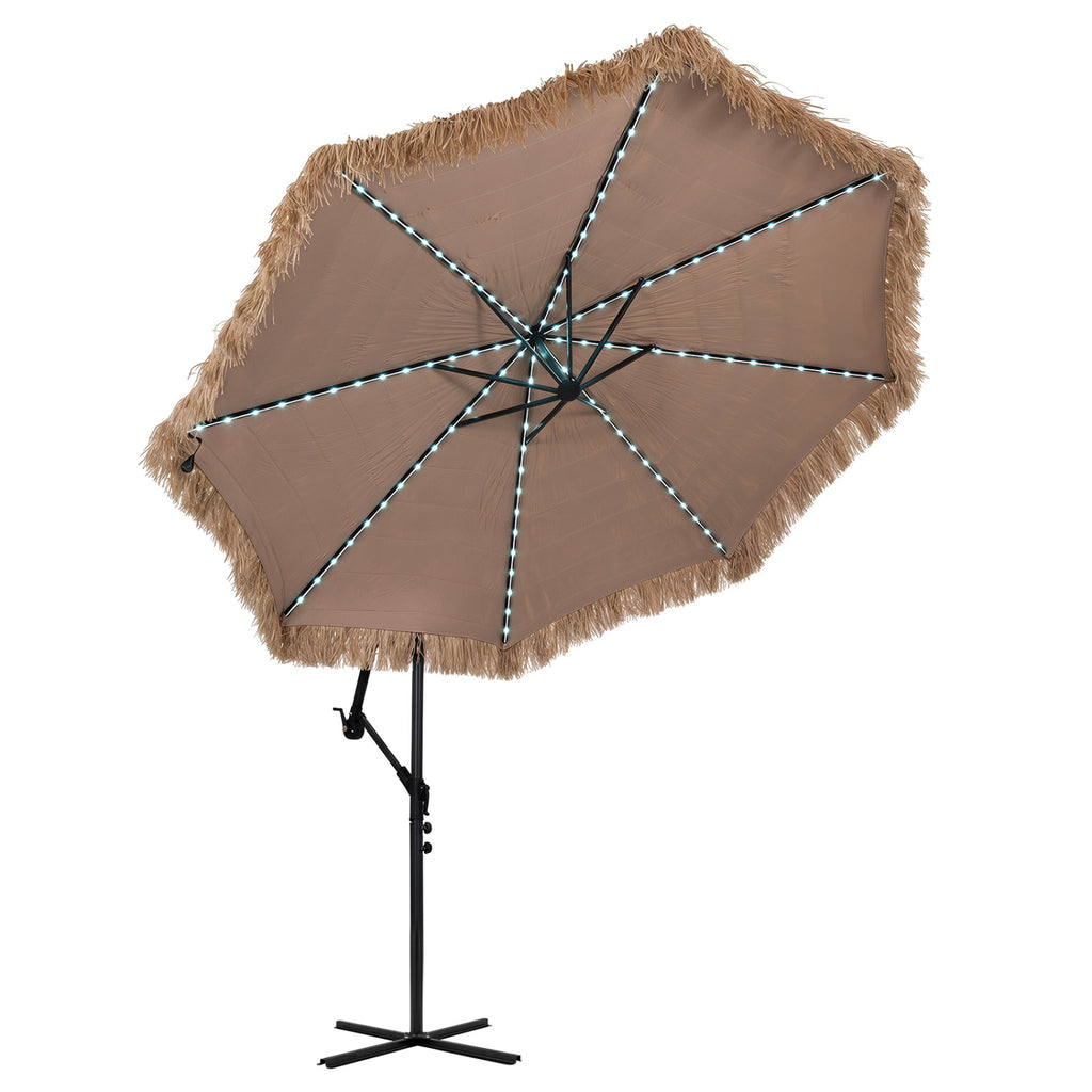 10 FT Solar Thatched Cantilever Umbrella with 112 Multi-color Flowing