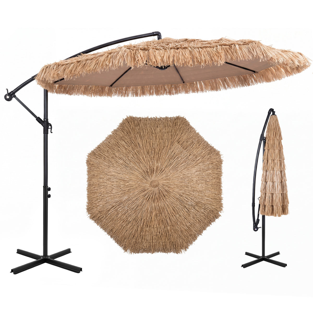 10 FT Thatched Cantilever Umbrella Patio Offset Hanging with Cross