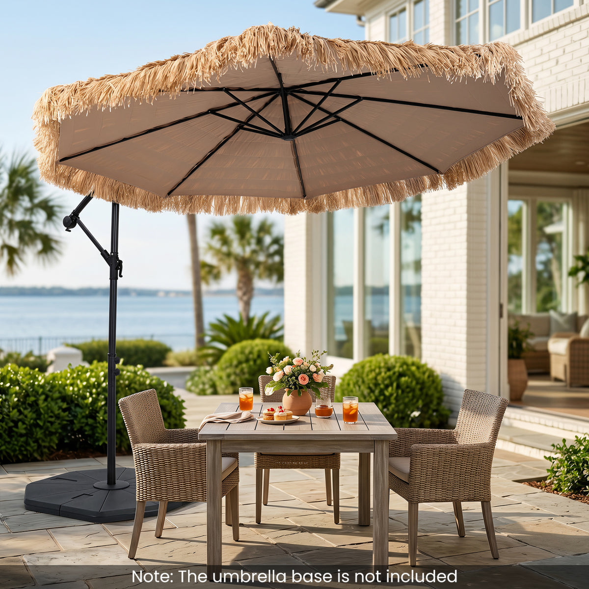 10 FT Thatched Cantilever Umbrella Patio Offset Hanging with Cross