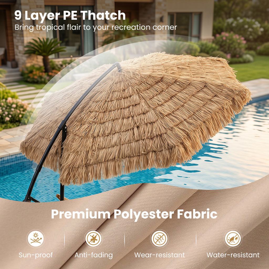10 FT Thatched Cantilever Umbrella Patio Offset Hanging with Cross