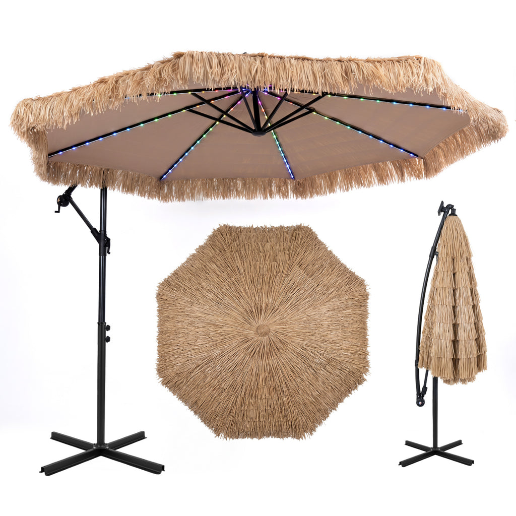 10 FT Solar Thatched Cantilever Umbrella with 112 Multi-color Flowing