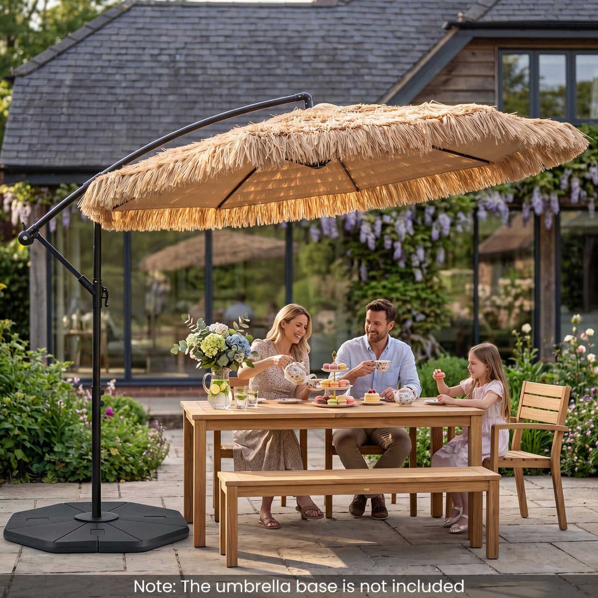 10 FT Solar Thatched Cantilever Umbrella with 112 Multi-color Flowing