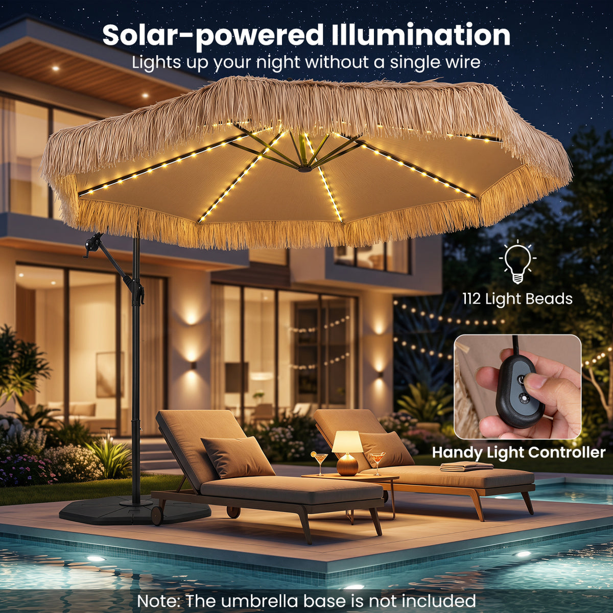 10 FT Solar Thatched Cantilever Umbrella with 112 Multi-color Flowing