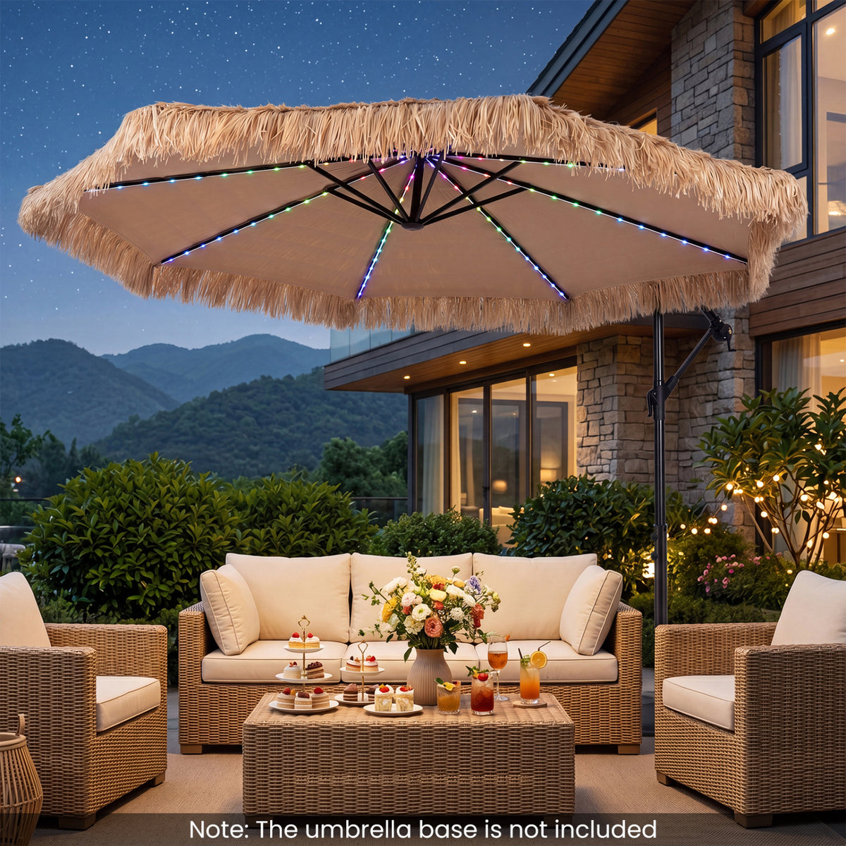 10 FT Solar Thatched Cantilever Umbrella with 112 Multi-color Flowing