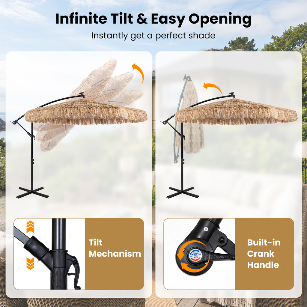 10 FT Solar Thatched Cantilever Umbrella with 112 Multi-color Flowing
