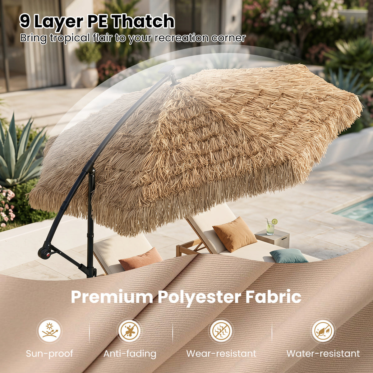 10 FT Solar Thatched Cantilever Umbrella with 112 Multi-color Flowing