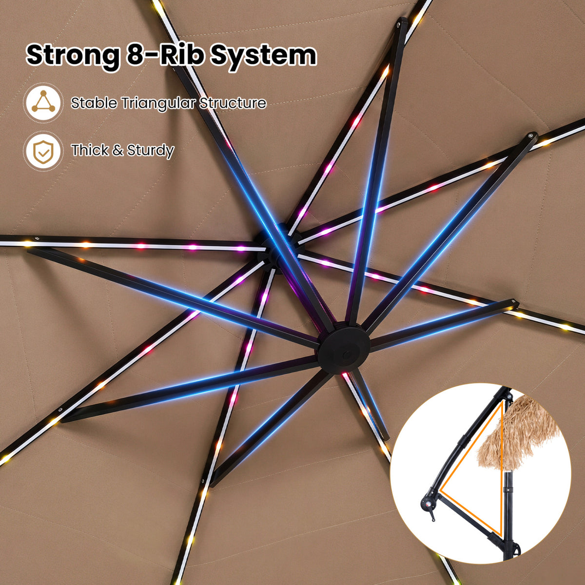 10 FT Solar Thatched Cantilever Umbrella with 112 Multi-color Flowing